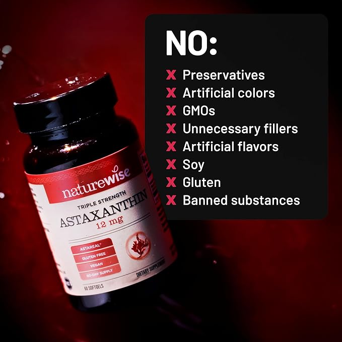 NatureWise Triple Strength Astaxanthin 12mg with AstaReal® - Vegan Antioxidant Supplement with Organic Coconut Oil - NSF Certified Gluten Free, Non-GMO - 60 Softgels[60 Day Supply]