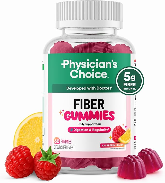 Physician’s Choice Fiber Gummies for Digestive Health & Regularity - Raspberry Lemon Flavor - No Sugar Added & Vegan - Natural Chicory Root Prebiotic Fiber - Daily Gummy for Adults, Women & Men - 60CT
