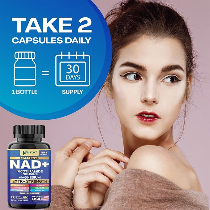 NAD+ Supplement with Liposomal NAD+, Nicotinamide Riboside, Magnesium, Vitamin B3 & B12, Resveratrol, Turmeric, Ashwagandha, Lion’s Mane,10-in-1 Extra Strength