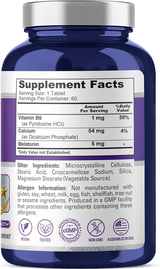 NusaPure Melatonin with Vitamin B6 & Calcium - Suitable for Vegetarian/Vegan, Non-GMO - 5 mg - 60 Tablets