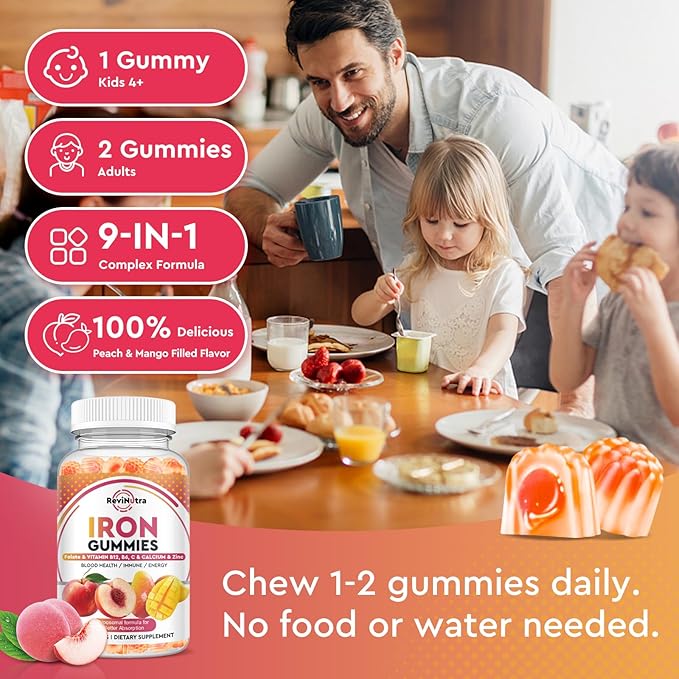 Iron Supplement Gummies for Adults & Kids - with Calcium, Zinc, Folate & Multivitamin - Blood Builder & Energy Support & Immune Health for Iron Deficiency, Anemia, Vegan -Peach & Mango Flavor,120ct