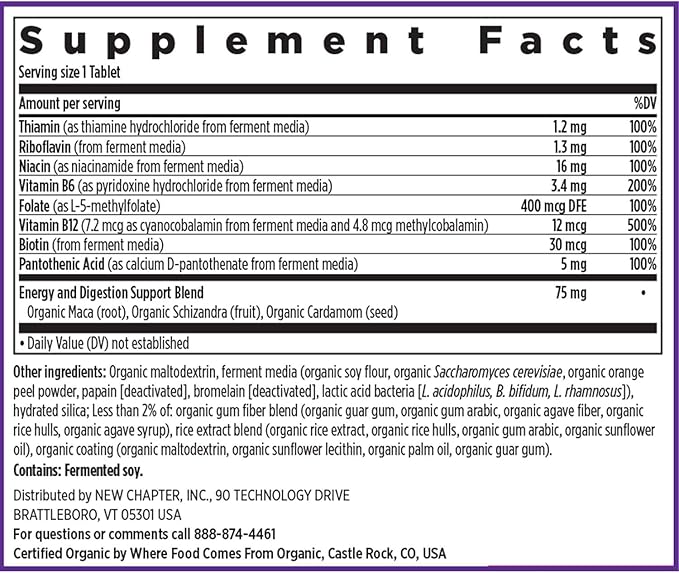 New Chapter Vitamin B Complex, Fermented Vitamin B Complex, USDA Organic, ONE Daily for Cellular Energy + Brain + Beauty, 100% Vegan, Gluten-Free - 60 Count
