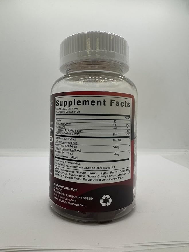Vitamatic Tart Cherry (360 mg) with Celery Seed (30 mg) 10:1 Extract & Turmeric 20:1 Extract (10 mg) - (Per Serving/2 Gummies) - 60 Gummies (Pack of 2)