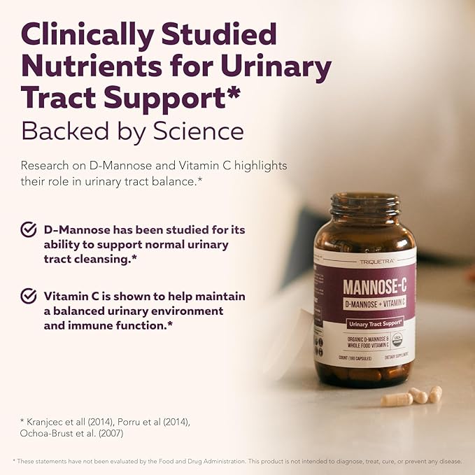 Mannose-C - Organic D-Mannose + Whole Food Vitamin C, Natural UTI Support Supplement to Flush & Cleanse Urinary Tract, Certified Organic Urinary Health for Women, Vegan, Non-GMO (180 Count)