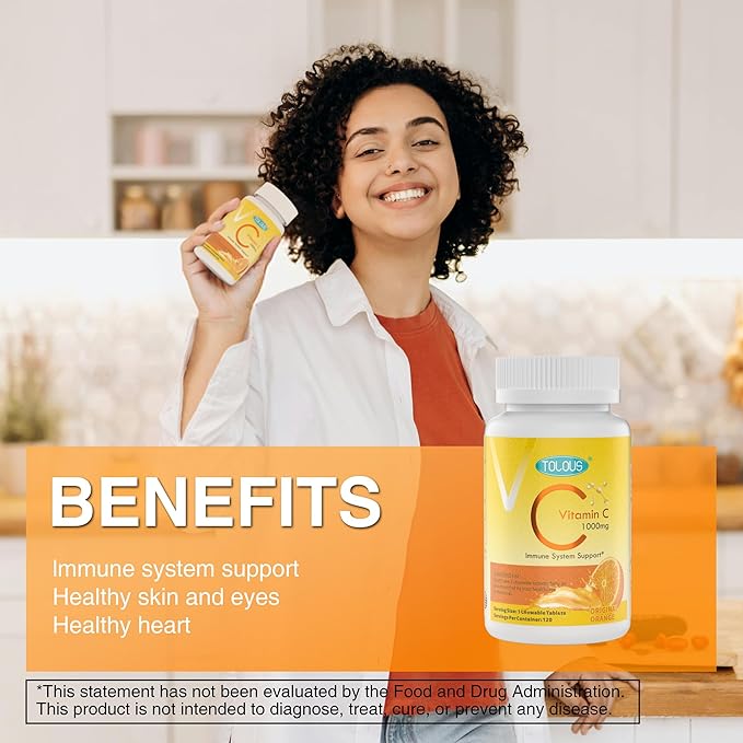 1000mg Vitamin C, 120 Chewable Tablets, 60 Day Supply, Supplement for Immune Support, Gluten-Free, Orange Flavor, 1 Pack