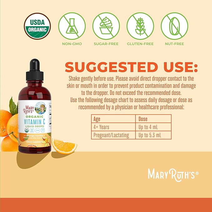 MARYRUTH'S Organic Vitamin C Supplement | Liquid Vitamin C Liquid Drops for Adults & Kids | Immune Support Supplement for Overall Health | Vegan | Non-GMO | Gluten Free | 4 Fl Oz