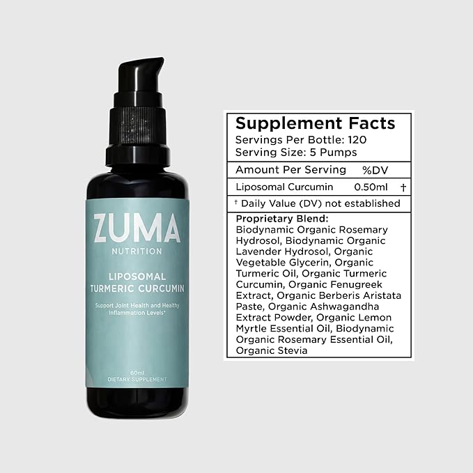 Zuma Nutrition Liposomal Turmeric Curcumin Drops, Vegan Natural Liquid Tonic with Black Pepper Extract for Joint, & Liver Health Support, Herbal Supplement for Men & Women, 60 ML Bottle