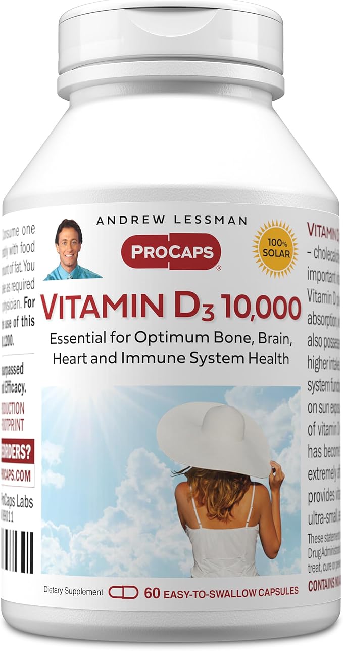 ANDREW LESSMAN Vitamin D3 10,000 IU 60 Capsules - High Potency, Essential for Calcium Absorption, Supports Bone Health, Healthy Muscle Function, Immune System, More. Small Easy to Swallow Capsules