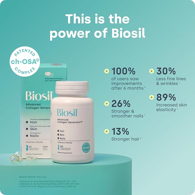 Biosil Collagen Booster Supplement - 120 Vegan Capsules - Patented ch-OSA Activator for Skin, Hair, Nails & Joints - Supports Natural Production - 60-Day Supply