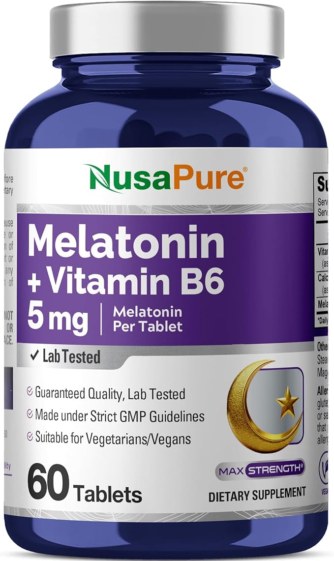 NusaPure Melatonin with Vitamin B6 & Calcium - Suitable for Vegetarian/Vegan, Non-GMO - 5 mg - 60 Tablets