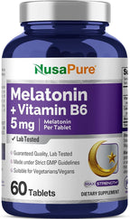 NusaPure Melatonin with Vitamin B6 & Calcium - Suitable for Vegetarian/Vegan, Non-GMO - 5 mg - 60 Tablets