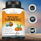 Sunergetic USDA Certified Organic Turmeric Supplement – Includes Organic Turmeric & Organic Black Pepper – 1,400mg of Turmeric per Serving - 180 Count (Pack of 1)