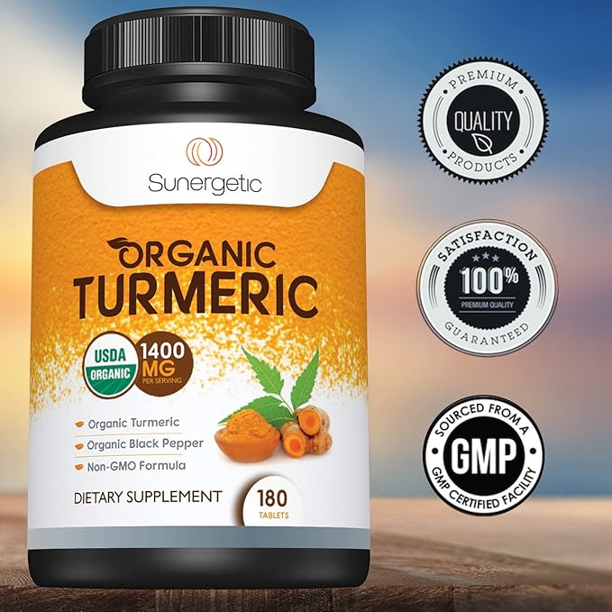 Sunergetic USDA Certified Organic Turmeric Supplement – Includes Organic Turmeric & Organic Black Pepper – 1,400mg of Turmeric per Serving - 180 Count (Pack of 1)