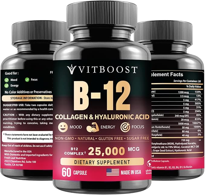 VITBOOST B12 Methylcobalamin with Hyaluronic Acid, Collagen, and Folate – 25000 mcg Supplement Enhance Absorption & Boost Energy | Gluten-Free, Made in USA, B1, B2, B3, B6, B7 Complex - Pack of 2
