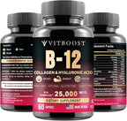 VITBOOST B12 Methylcobalamin with Hyaluronic Acid, Collagen, and Folate – 25000 mcg Supplement Enhance Absorption & Boost Energy | Gluten-Free, Made in USA, B1, B2, B3, B6, B7 Complex - Pack of 2