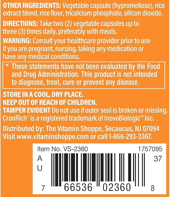 The Vitamin Shoppe Cranberry with D-Mannose - Urinary Tract & Bladder | with Vitamin C CranRich | 60 Veggie Caps | Women's Health