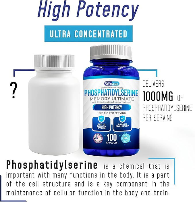 We Like Vitamins Phosphatidylserine Supplement with Gingko Biloba, Gotu Kola, DMAE - Improves Focus, Memory, Cognitive Function - Soy-Free 1000mg Memory Ultimate Complex - 100 Easy-to-Swallow Capsules