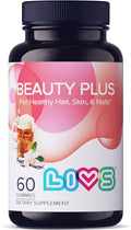 LIVS Beauty Plus Gummy Vitamins - Biotin Gummies for Hair, Skin and Nails | Natural, Gluten-Free, Non-GMO Beauty Supplement with Vitamin A, C, E, B12, D2, Zinc & More - Cream Soda Flavor - 60 Ct