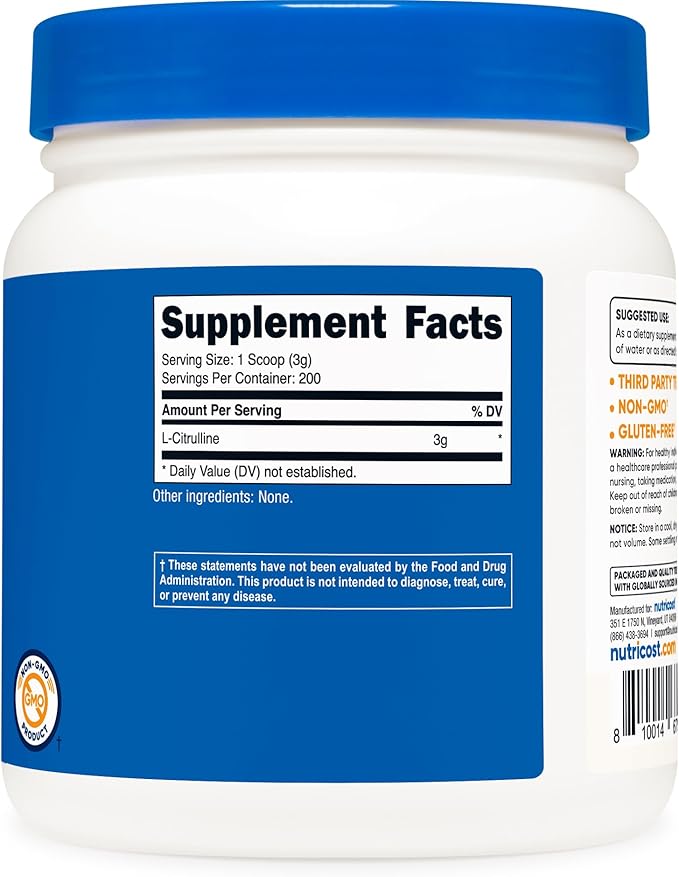 Nutricost Pure L-Citrulline (Base) Powder (600 Grams)
