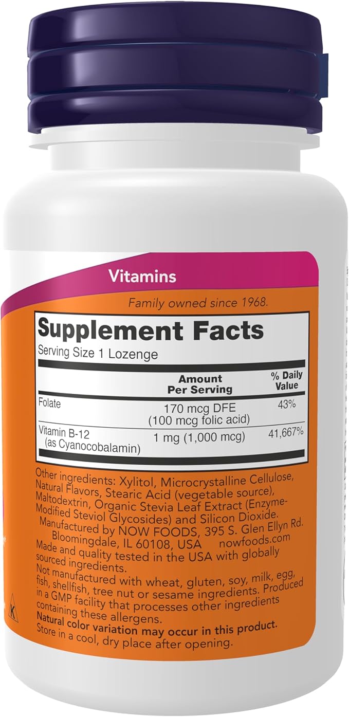 NOW Supplements, Vitamin B-12 1,000 mcg with Folic Acid, Nervous System Health*, 100 Chewable Lozenges
