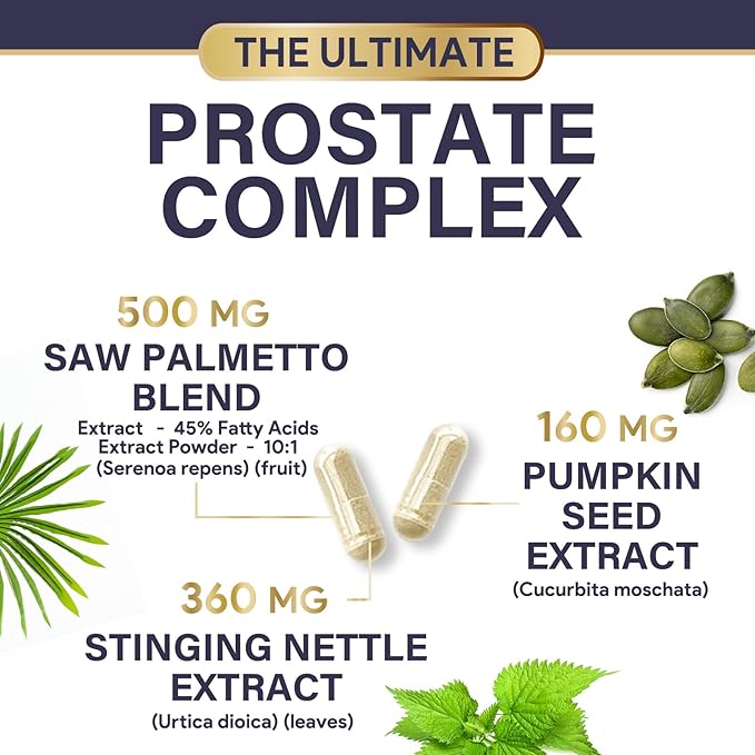 Prostate Health Supplements for Men - 3X Strength with Saw Palmetto Blend Stinging Nettle Root & Pumpkin Seed Support Complex - Supports Bathroom Trips Prostate & Urinary Health - 120 Capsules