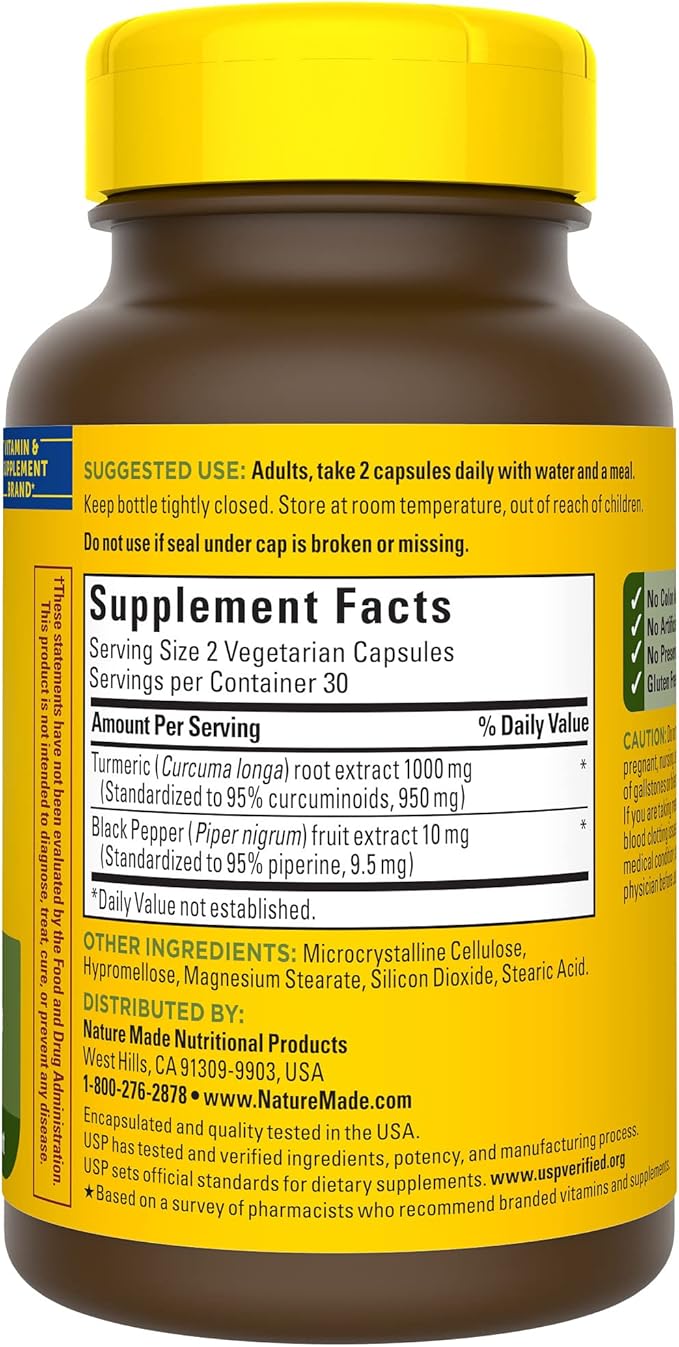 Nature Made Extra Strength Turmeric Curcumin with Black Pepper,1000mg Turmeric Extract per Serving (Standardized to 95% Curcuminoids),Supports Healthy Inflammation Response,60 Capsules,(Pack of 2)