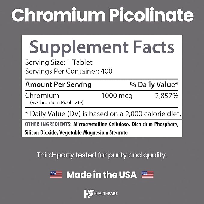 HealthFare Chromium Picolinate 1000mcg | 800 Tablets (Pack of 2) | High Absorption Mineral Supplement | Supports Healthy Sugar Metabolism & Nutrient Absorption | Non-GMO, Gluten-Free | Made in USA