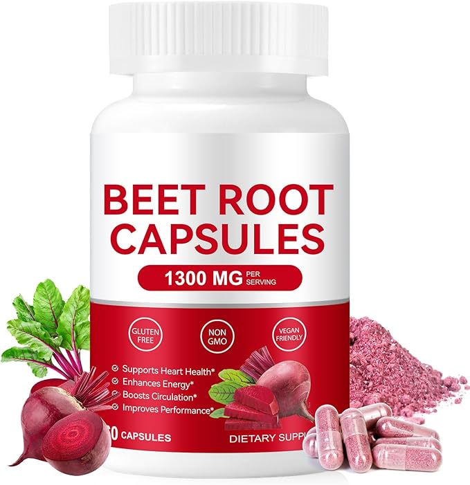Beet Root Capsules 1300mg, Natural Organic Beetroot Powder Supplement Supports Healthy Blood Pressure and Heart Health, Energy & Endurance Support, Non-GMO, Vegan, 60 Count, 30-Day Supply