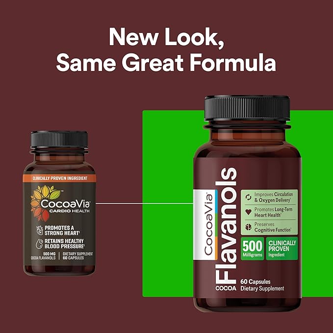 CocoaVia Cardio Health Supplement, 60 Day, 500mg Cocoa Flavanols, Support Heart Health, Boost Nitric Oxide, Blood Circulation, Energy, Vegan, Dark Chocolate, 120 Capsules