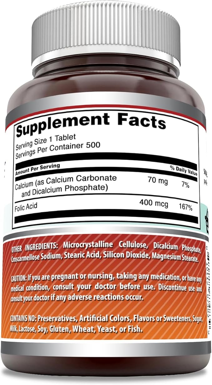 Amazing Formulas Folic Acid (Vitamin B9) 400 mcg | Tablets Supplement | Non-GMO | Gluten Free | Made in USA (1 Pack, 500 Count)