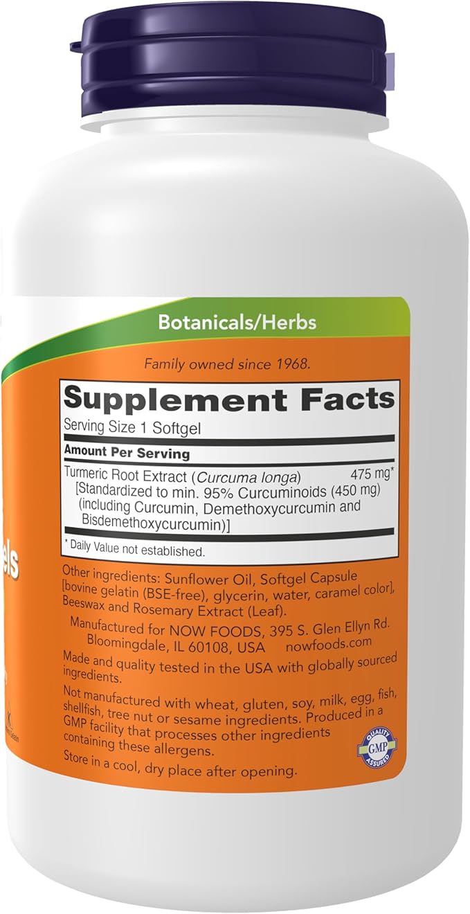 NOW Supplements, Tumeric Curcumin (Curcuma longa) Gels, Standardized Extract, Herbal Supplement with 95% Curcuminoids, 120 Softgels