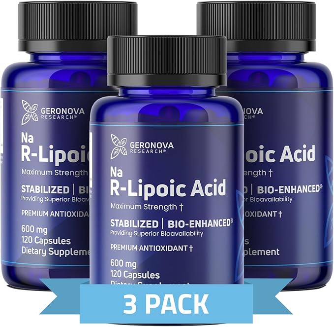Geronova Research Bio-Enhanced R-Lipoic Acid, 600 mg Capsules - 6 Month Supply - Stabilized R Alpha Lipoic Acid with Enhanced Absorption - R Lipoic Acid Supplement - 360 Count
