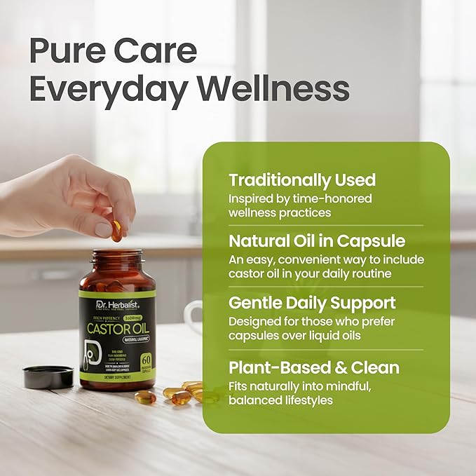 Dr. HERBALIST Castor Oil Capsules 1600mg - Cold Pressed Ricinus Communis Softgels | Supports Digestive Wellness & Hair Skin Vitality* | Halal, Non-GMO, Vegan | 60ct