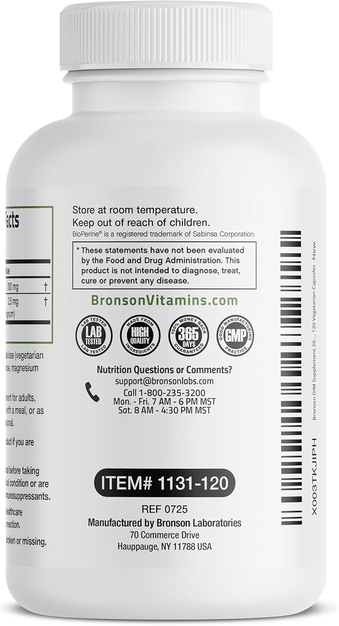 Bronson DIM Supplement 200 MG Diindolymethane with BioPerine for Enhanced Absorption, Estrogen Metabolism & Maintains Balanced Hormone Levels, 120 Vegetarian Capsules