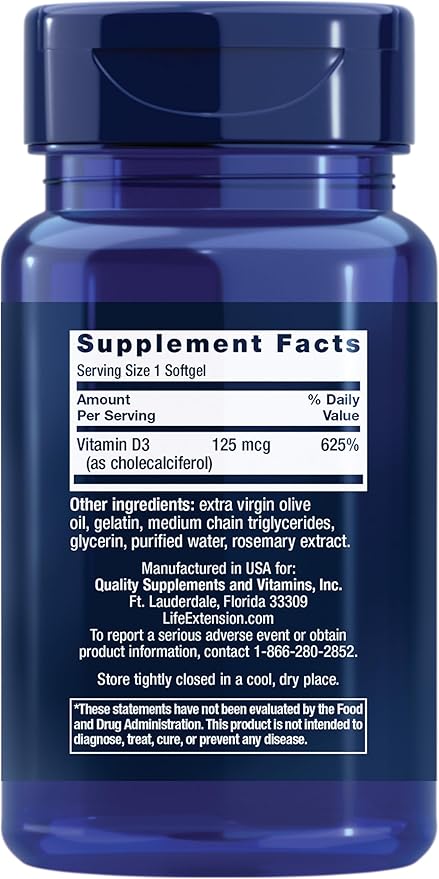 Life Extension Vitamin D3 125 mcg (5000 IU), Bone Health, Brain Performance, Immune System Support, Gluten-Free, Non-GMO, Once Daily, Two-Month Supply, 60 Softgels (Pack of 2)