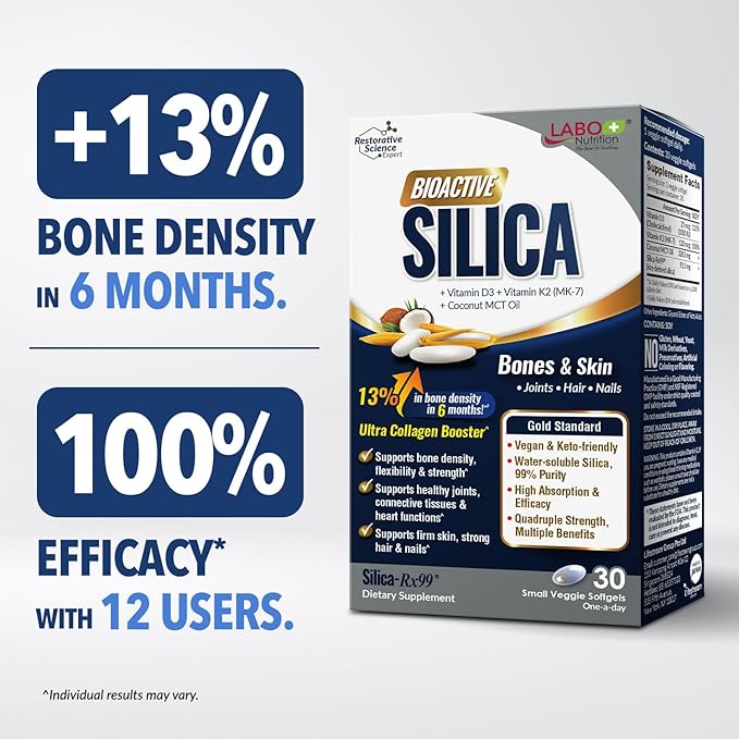 LABO Nutrition Bioactive Silica | Vegan Support for Strong Joint, Bones & Healthy Collagen Production, Glowing Skin, Strong Hair & Nails | 99% Purity Rice-Derived Silica Supplement, 30 Vegan Softgel