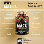 Maju Superfoods 4-in-1 Maca Root Capsules, Organic Black, Yellow & Red Roots w Black Pepper Extract for Absorption (120 ct) | Peru Product, Peruvian Powder, Men & Women Supplement, 60,000 mg