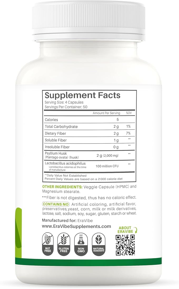 Psyllium Husk Capsules with Probiotics 100 Million CFUs, Fiber Supplement for Digestive and Gut Support, 200 Count, Plant-Based Natural Fiber