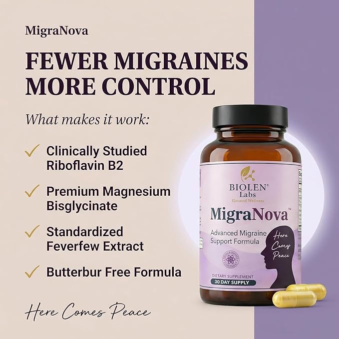 Migraine Relief and Prevention Supplement | Magnesium, Riboflavin B2, CoQ10 and Feverfew | Natural Daily Neurological Support | Vegan Non-GMO | Made in USA | MigraNova | 60 Capsules