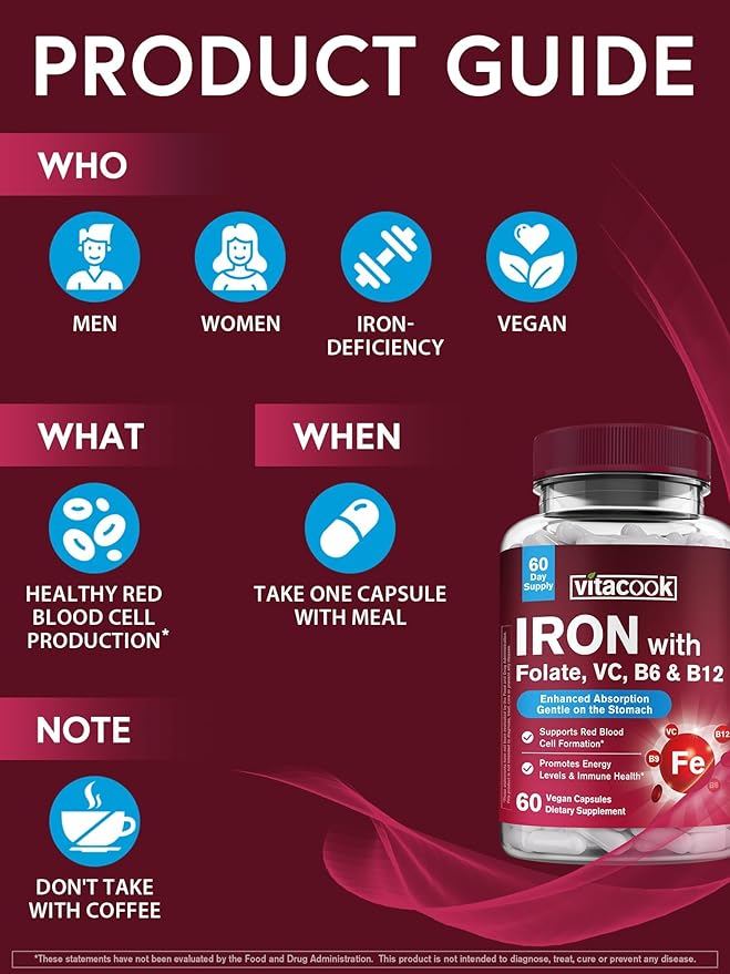 Iron Supplement for Women & Men, Iron Bisglycinate with Vitamin C, B6, B12, Folate, Stomach Friendly, Non-Constipating, Blood Health & Energy Boost, 60 Vegan Caps