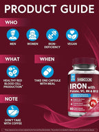Iron Supplement for Women & Men, Iron Bisglycinate with Vitamin C, B6, B12, Folate, Stomach Friendly, Non-Constipating, Blood Health & Energy Boost, 60 Vegan Caps