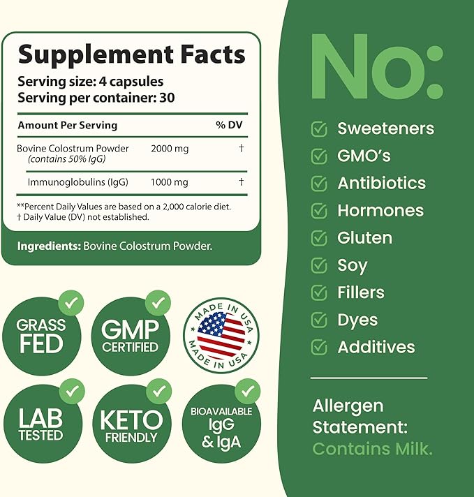 Immerge Health Super Colostrum Capsules - 120 Count High IgG Bovine Supplement for Gut Health, Hair Growth, Bloating & Immunity - 100% Grass Fed First Milking, Tasteless & Travel Friendly, USA Made
