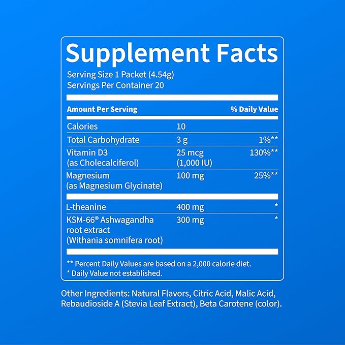 Nello Supercalm Powdered Drink Mix, Cortisol Reducer* and Sleep Aid Supplement, L Theanine, Ksm-66 Ashwagandha, Magnesium Glycinate, Vitamin D 3, No Sugar, Non GMO, 20 Ct, Tropical Tangerine