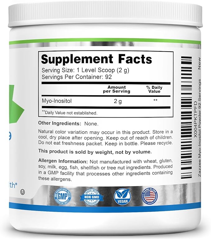 Zazzee Myo-Inositol Powder, 3 Month Supply, 92 Servings, 2000 mg per Serving, Free Scoop for Exact Dosage, 6.49 Ounces, Certified Kosher, 100% Pure, Fertility & Reproductive Support, Made in the USA