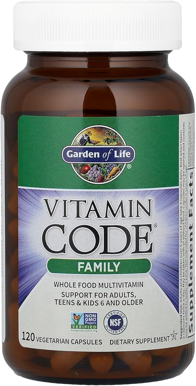 Garden of Life Multivitamin for Women, Men & Kids Age 6 and up, Vitamin Code Family Multi - 120 Vegetarian Capsules, Whole Food Vitamins, Food Blend & Probiotics, Gluten Free Dietary Supplements