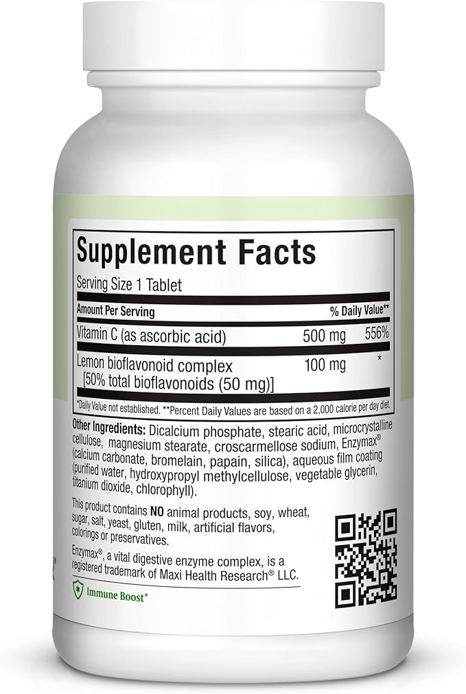 Maxi Health Max-C 500 Vitamin C Supplement – Vitamin C 500mg with Lemon Bioflavonoids Complex for Immune & Antioxidant Support – Vegan, Kosher – 100 Tablets