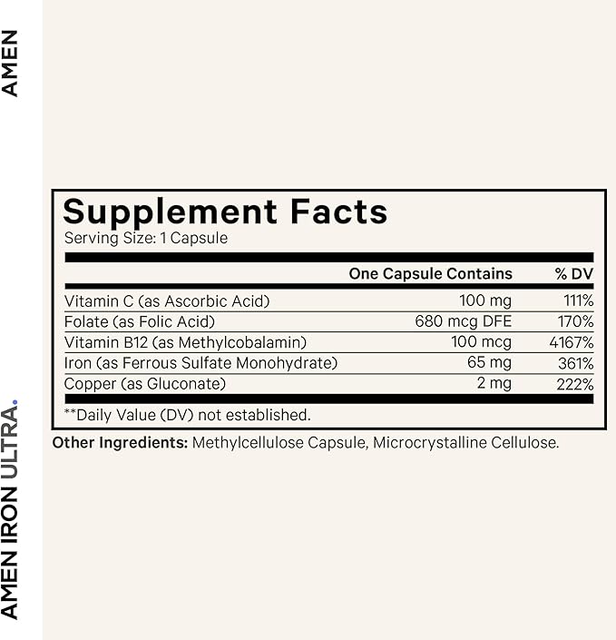 Amen Iron Ultra Supplement + Copper, Folate, Vitamin C and B12-2-Month Supply - Ferrous Sulfate Iron Vitamin - 65mg Per Serving - Folic Acid - Non-GMO Pills - 60 Capsules