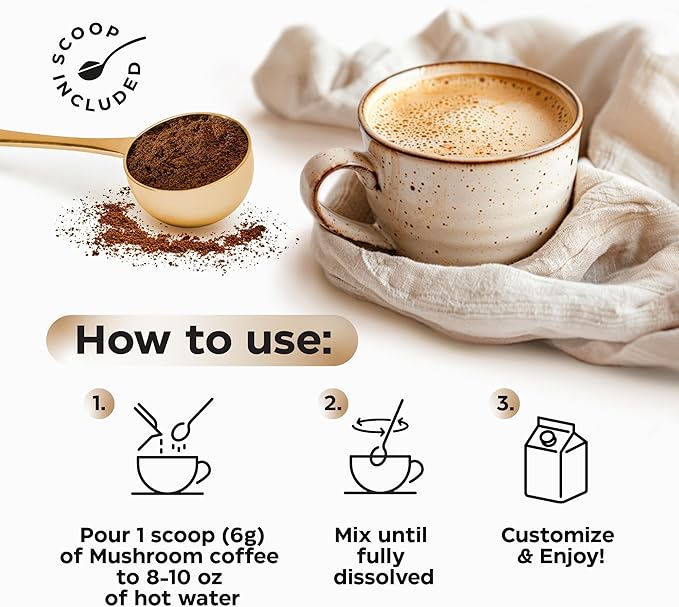 Mushroom Coffee - French Roast Style Instant Coffee + Lion’s Mane 900mg for Focus + Reishi, Chaga & Turkey Tail - 10-in-1 Mushrooms Fruiting Body Adaptogen Blend, Sugar Free, 35 Servings
