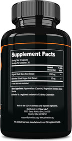 Prime Labs Organic Black Maca Root Capsules 1,200mg - Stamina, Drive, Energy, Vitality - Peruvian 20:1 Extract - for Men & Women - 60 Count