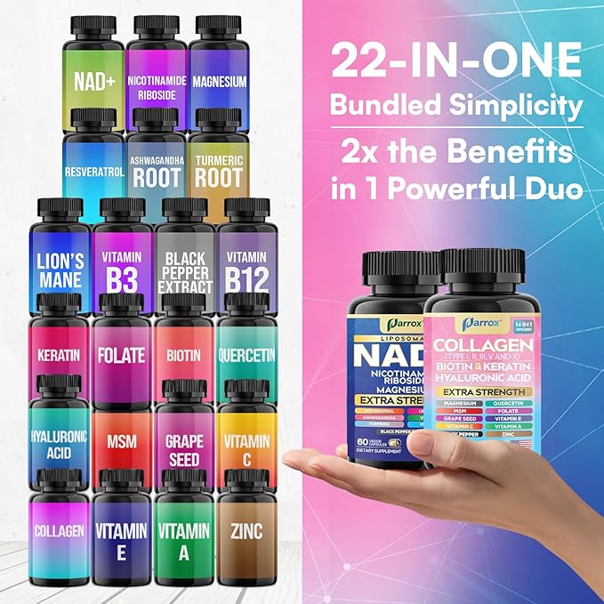 Forever Young Set with Liposomal NAD, Nicotinamide Riboside, Magnesium, Resveratrol, Lion's Mane, Collagen Peptides Types I, II, III, V and X, Biotin & Keratin, Hyaluronic Acid, Zinc, Quercetin